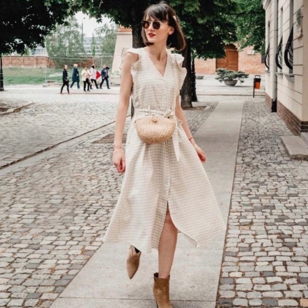 Zara plaid linen dress with ruffle and belt NWT